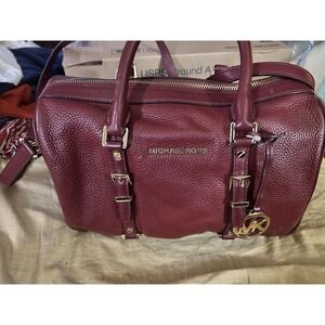 Michael‎ Kors Burgundy Leather Satchel Crossbody Bag MK Charm Gold Hardware